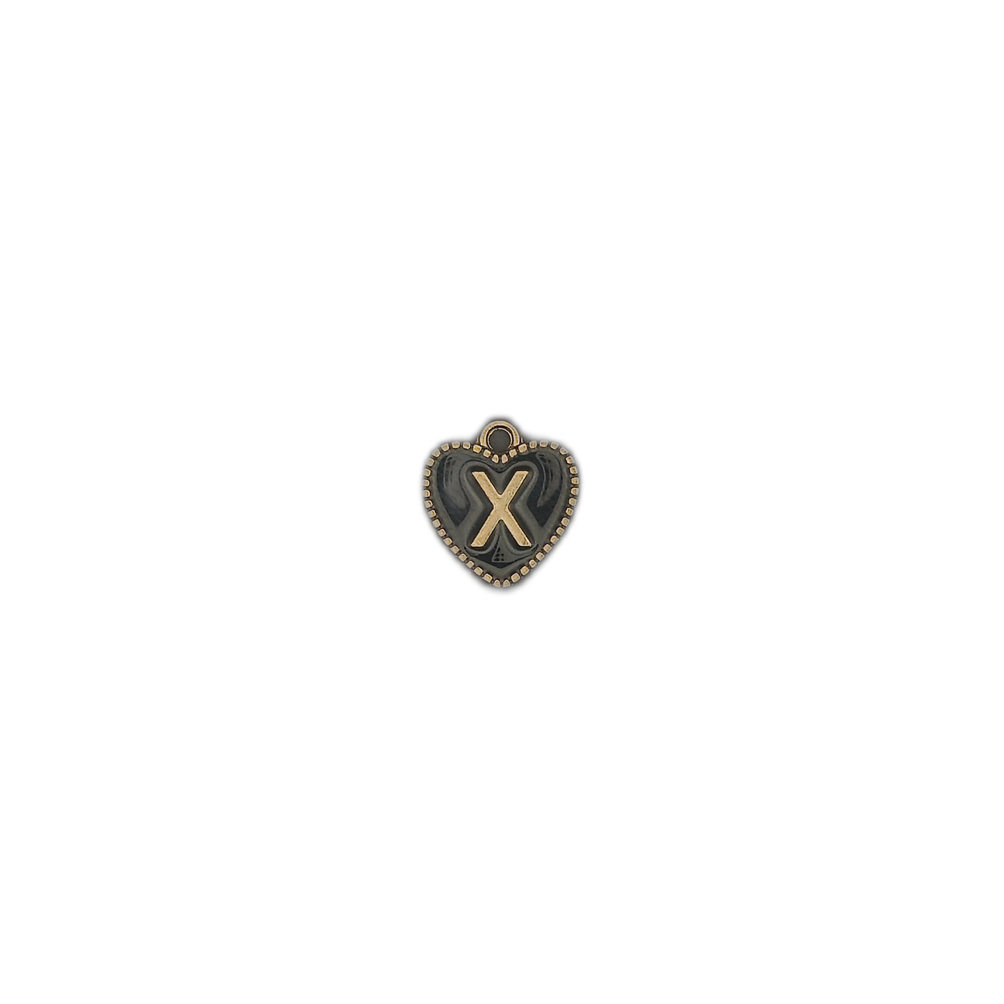 small heart charm with gold letter X on dark background