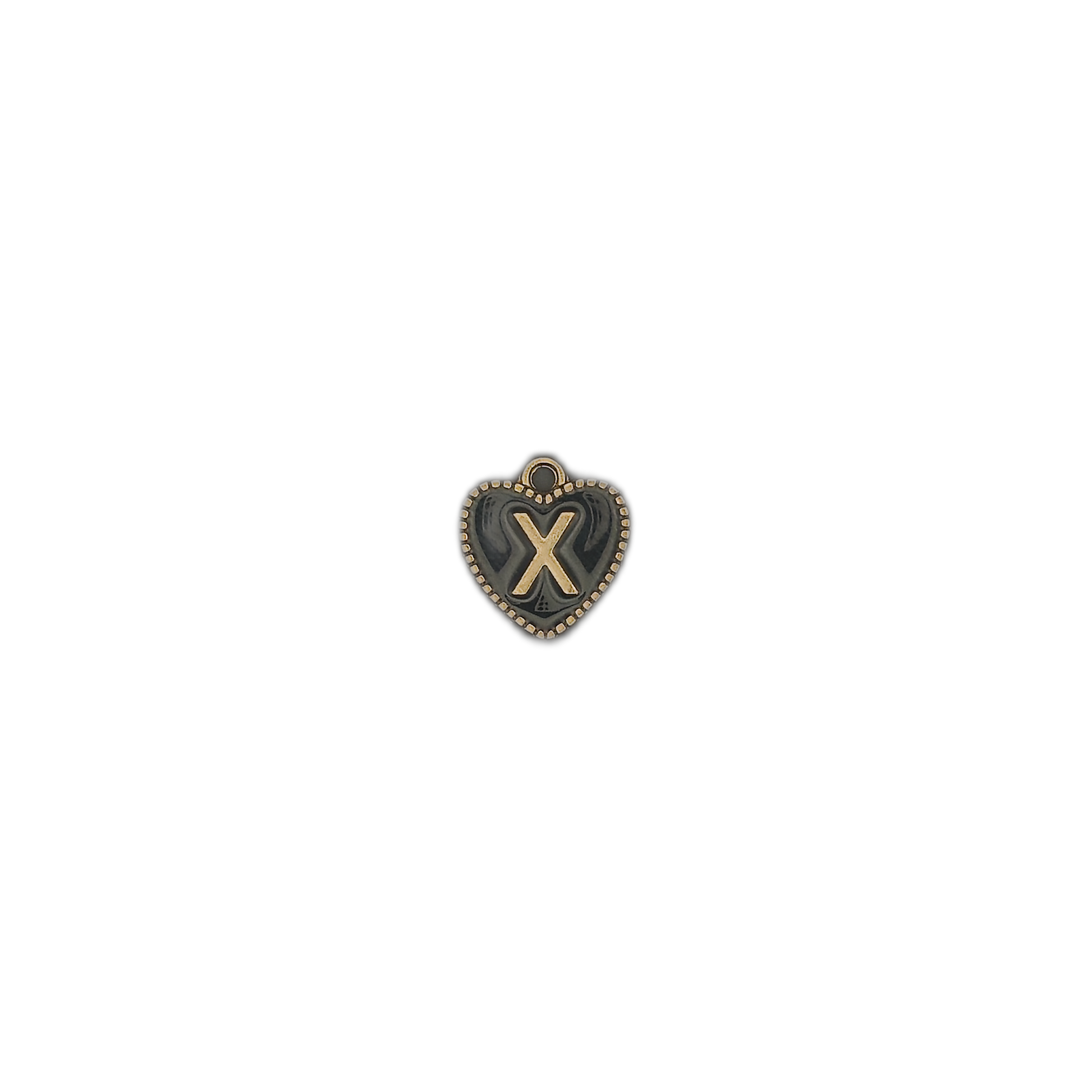 small heart charm with gold letter X on dark background