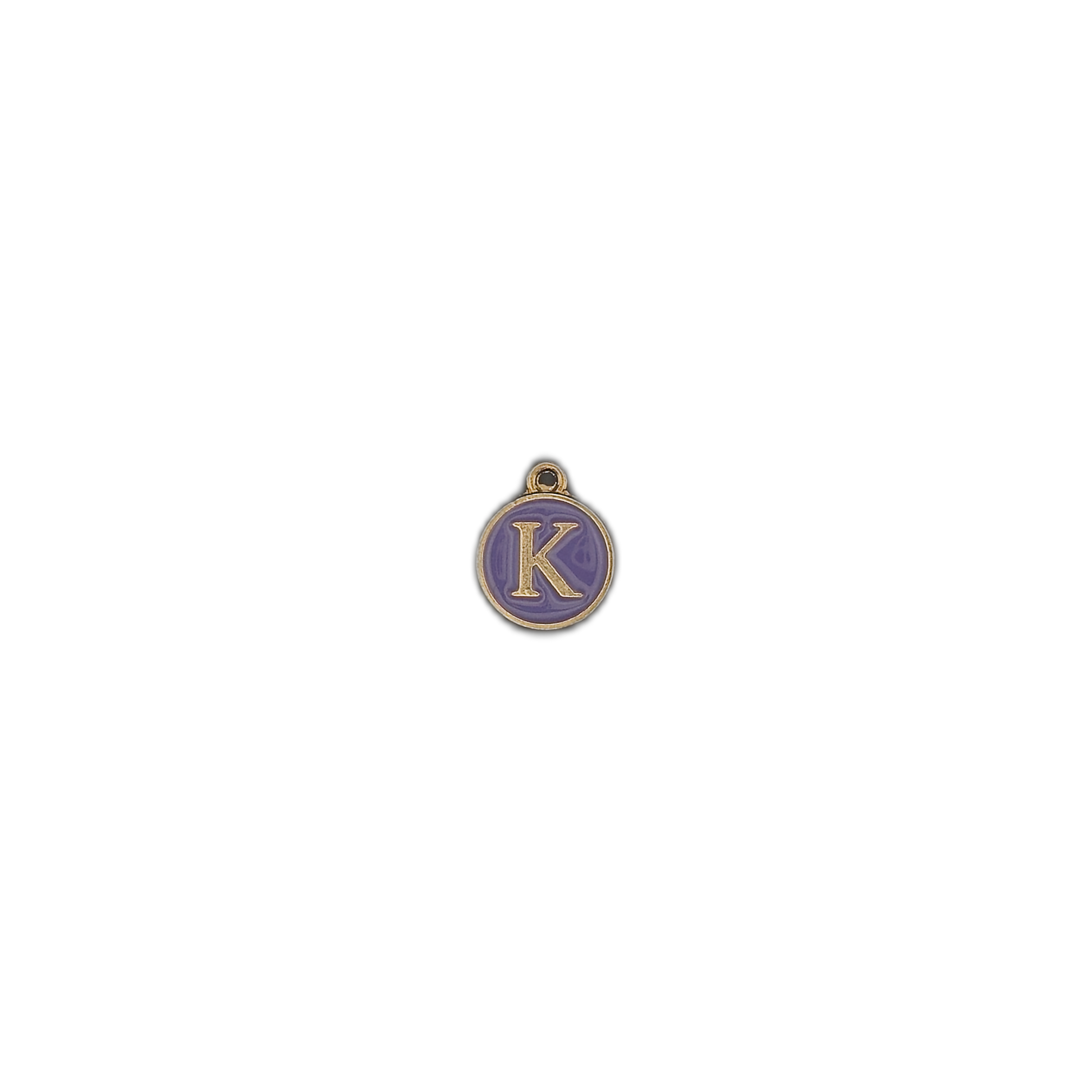 small round purple letter K charm on black background