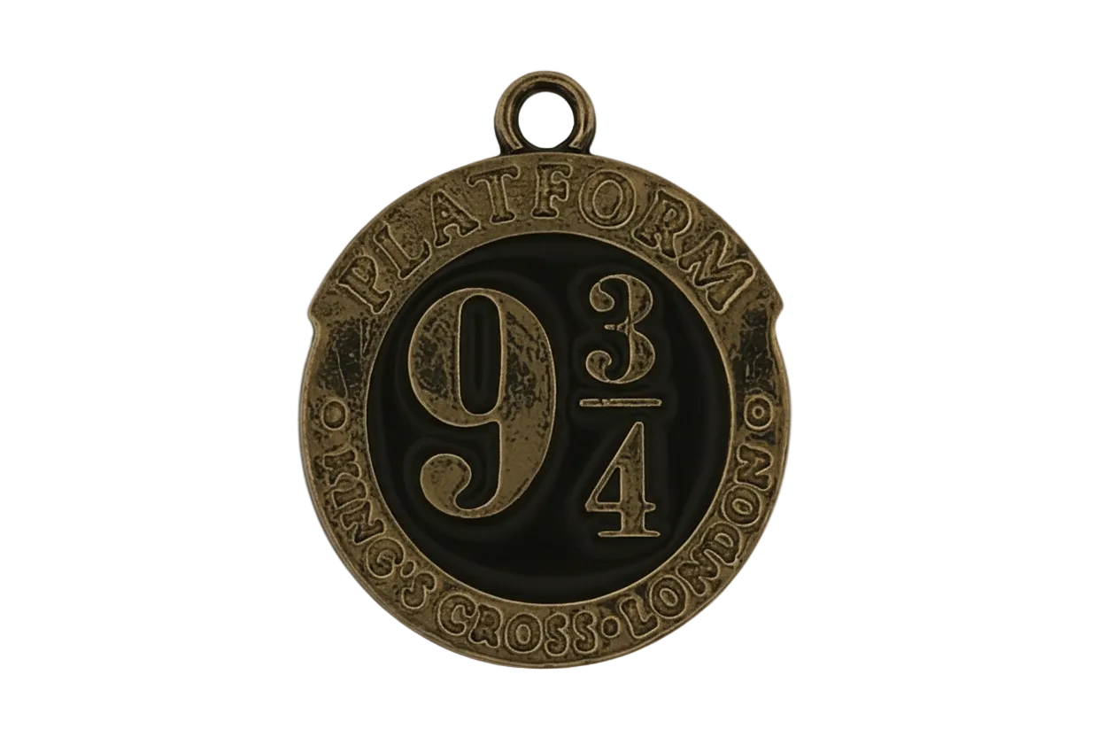 close-up of a round bronze charm reading "Platform 9 3/4" with black background