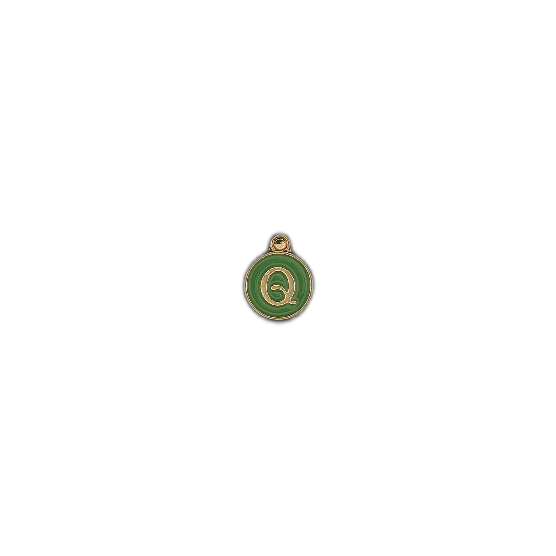 small round green letter Q charm on black background
