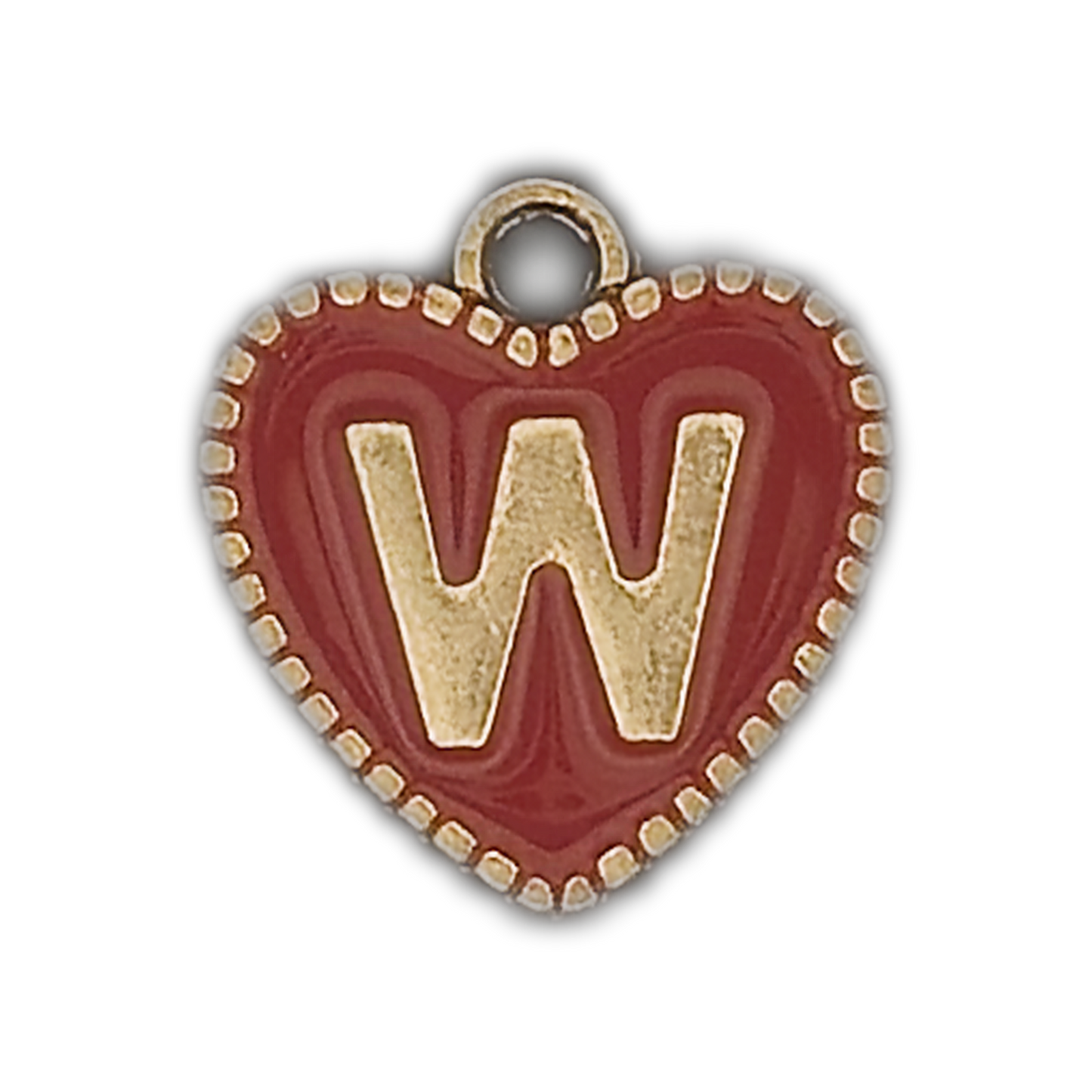 close-up of red heart-shaped charm with gold W and dotted gold border