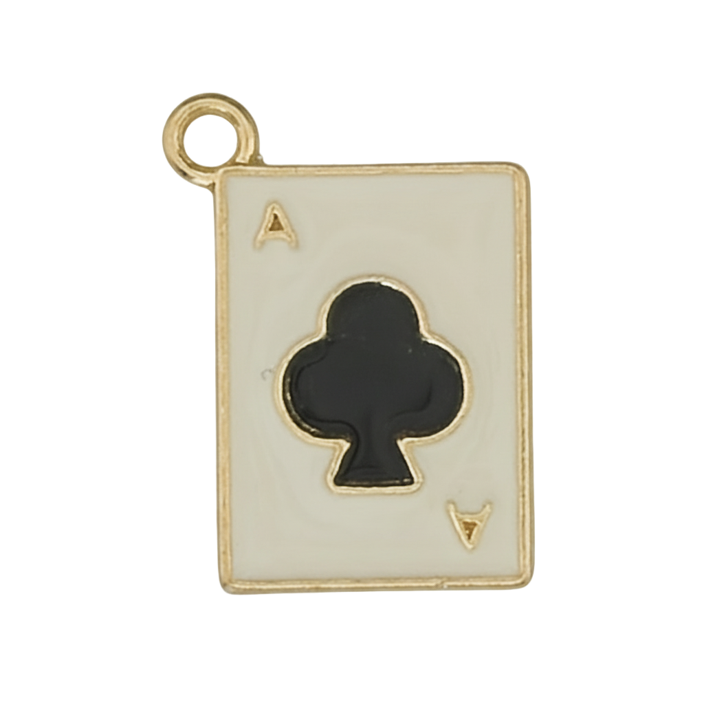 close-up of enamel ace of clubs playing card charm with gold-tone border