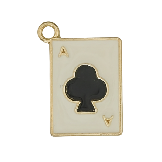 close-up of enamel ace of clubs playing card charm with gold-tone border