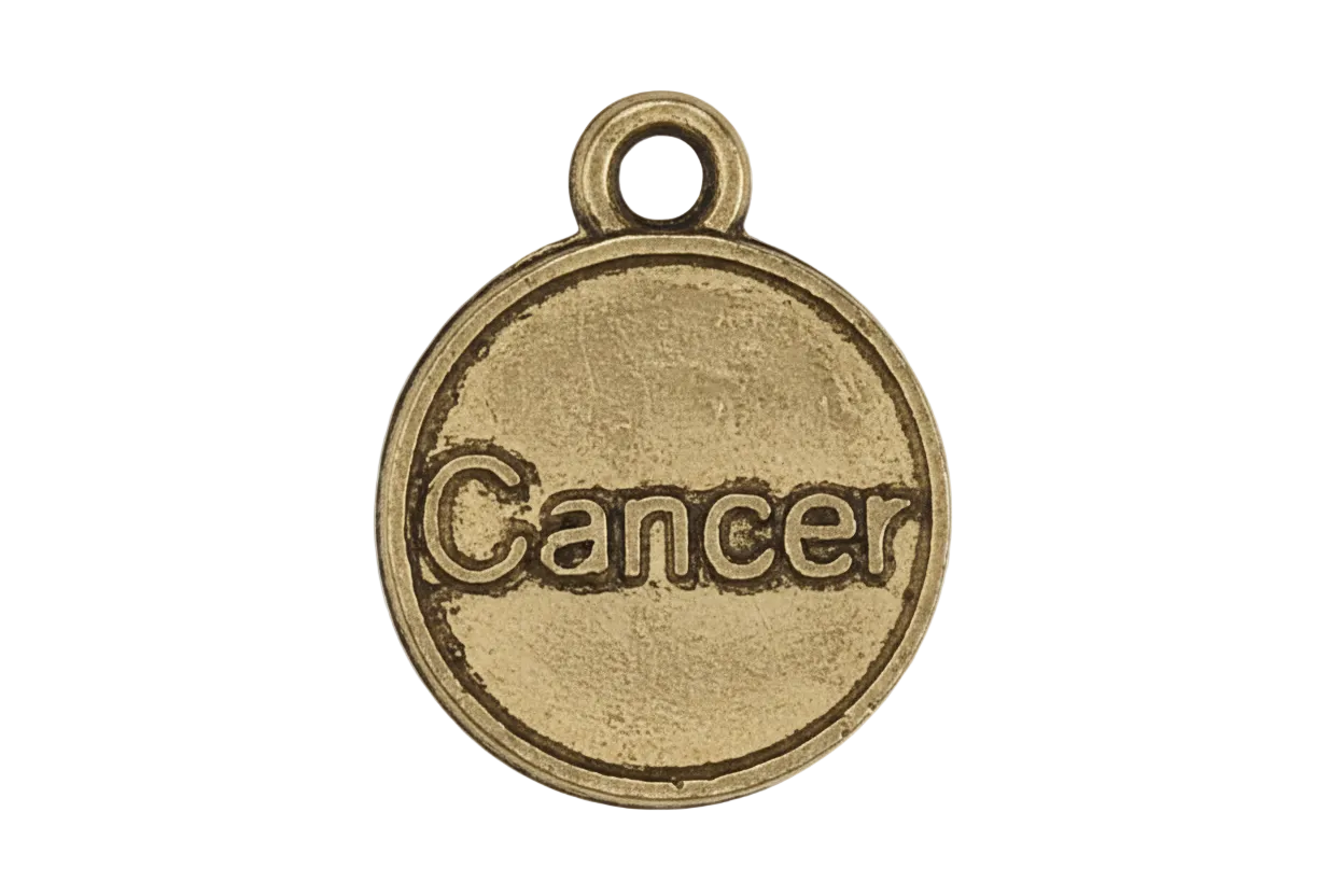 close-up of round gold 'Cancer' zodiac charm