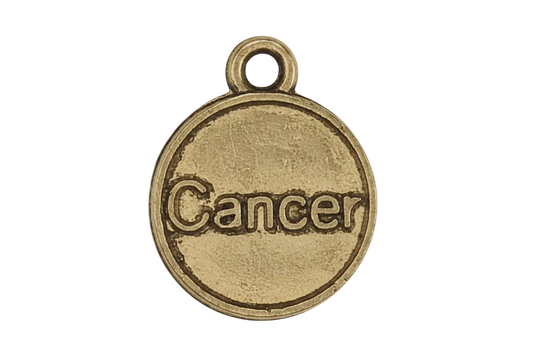 close-up of round gold 'Cancer' zodiac charm