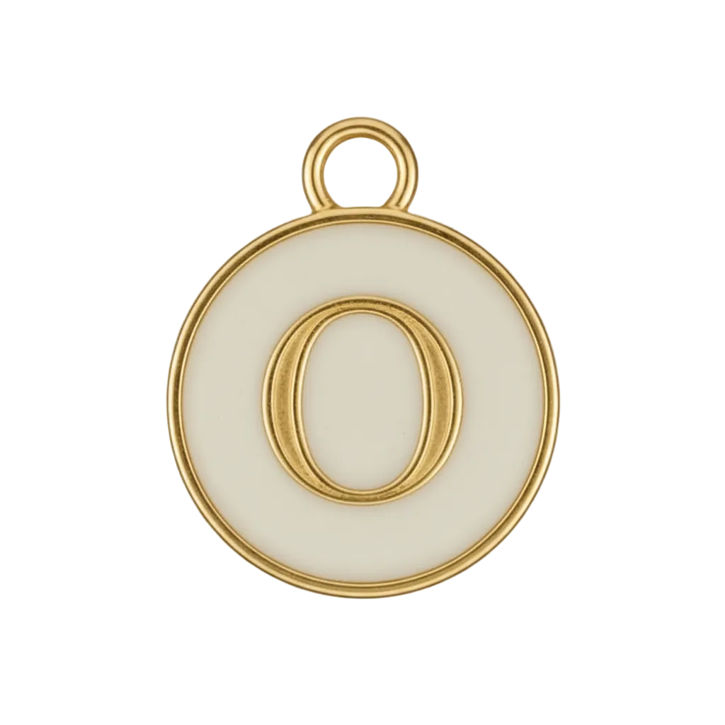 close-up of round white enamel letter O charm with gold-tone edges