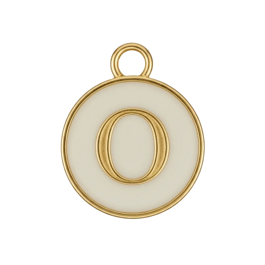 close-up of round white enamel letter O charm with gold-tone edges
