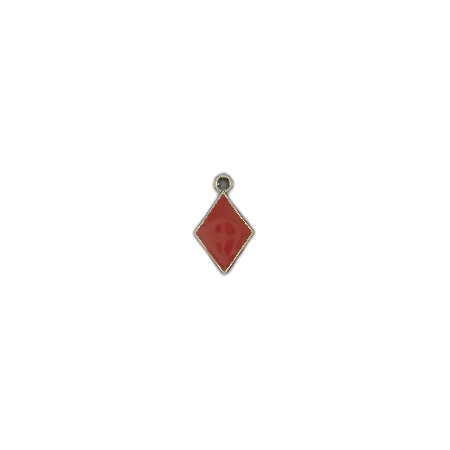small red diamond enamel charm centered on a black background