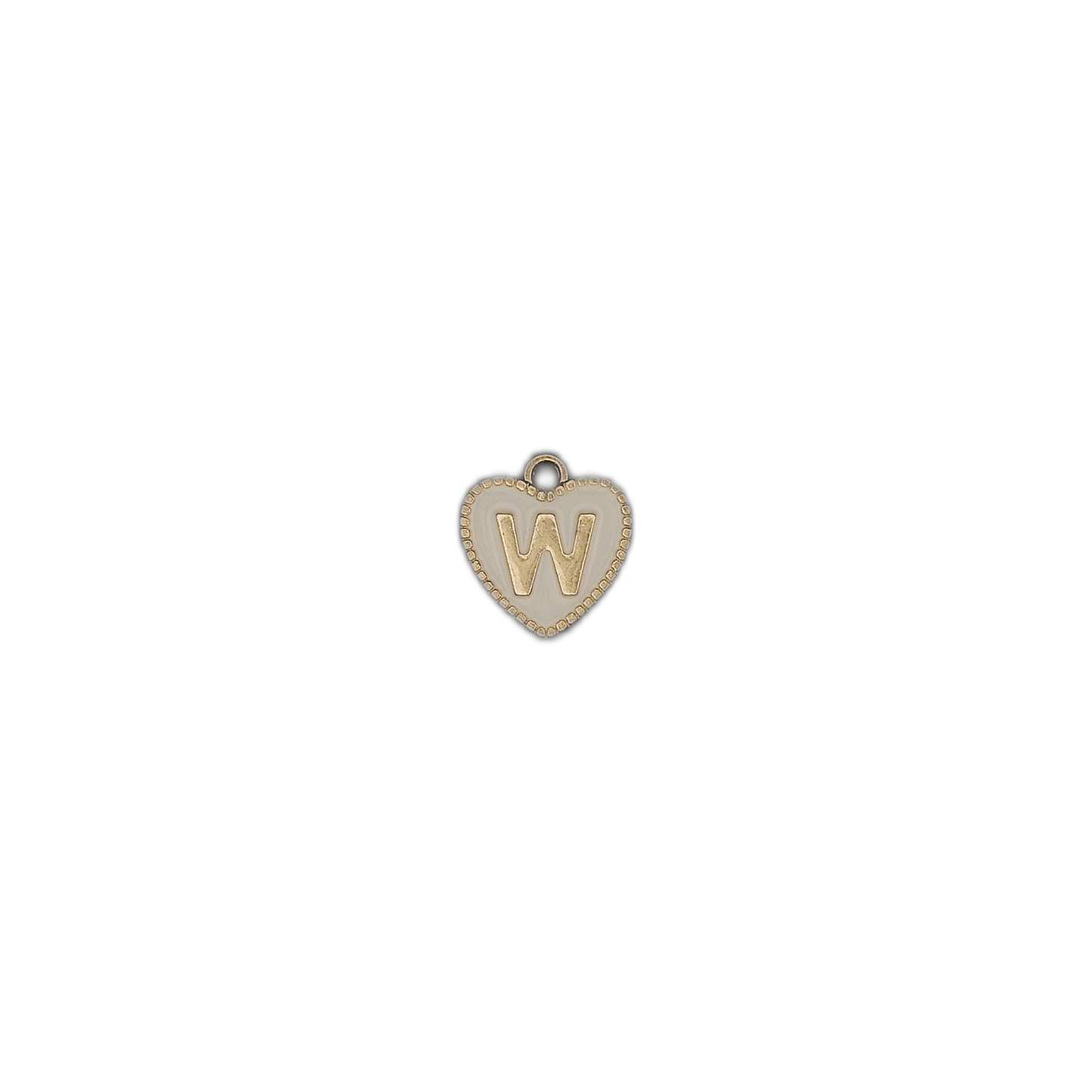 small white heart charm with a gold letter W on a black background