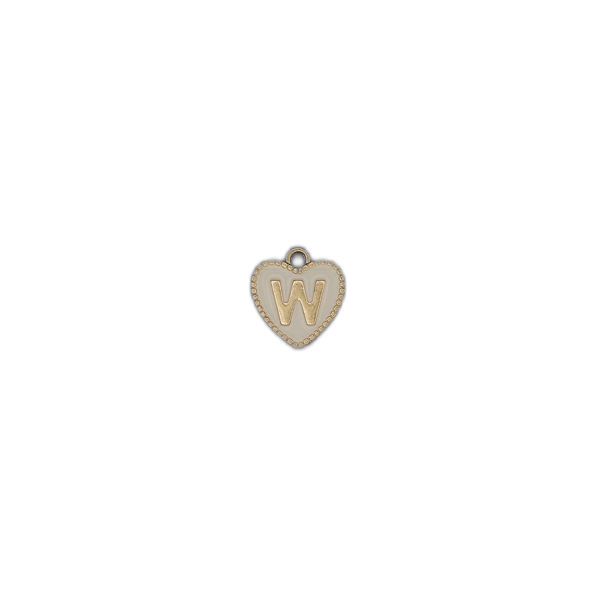 small white heart charm with a gold letter W on a black background