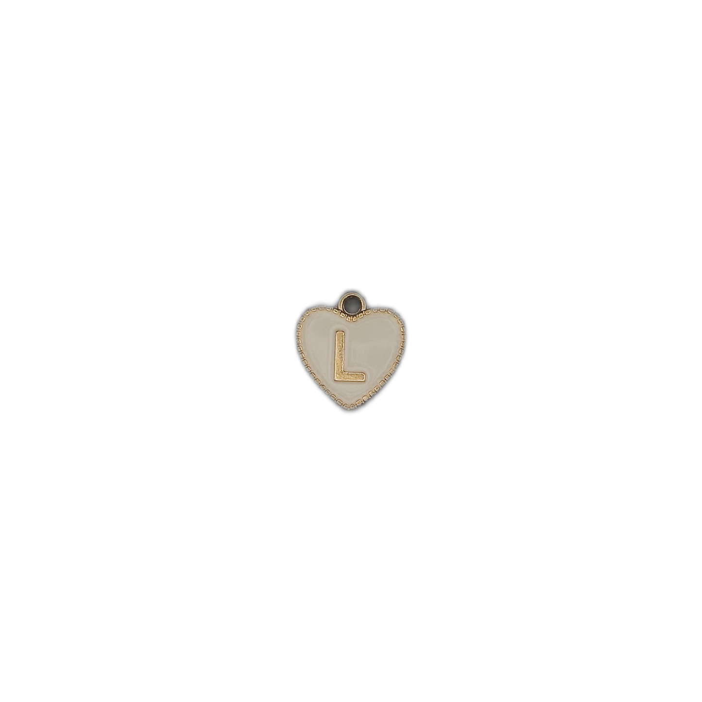 small white heart initial L charm centered on a black background