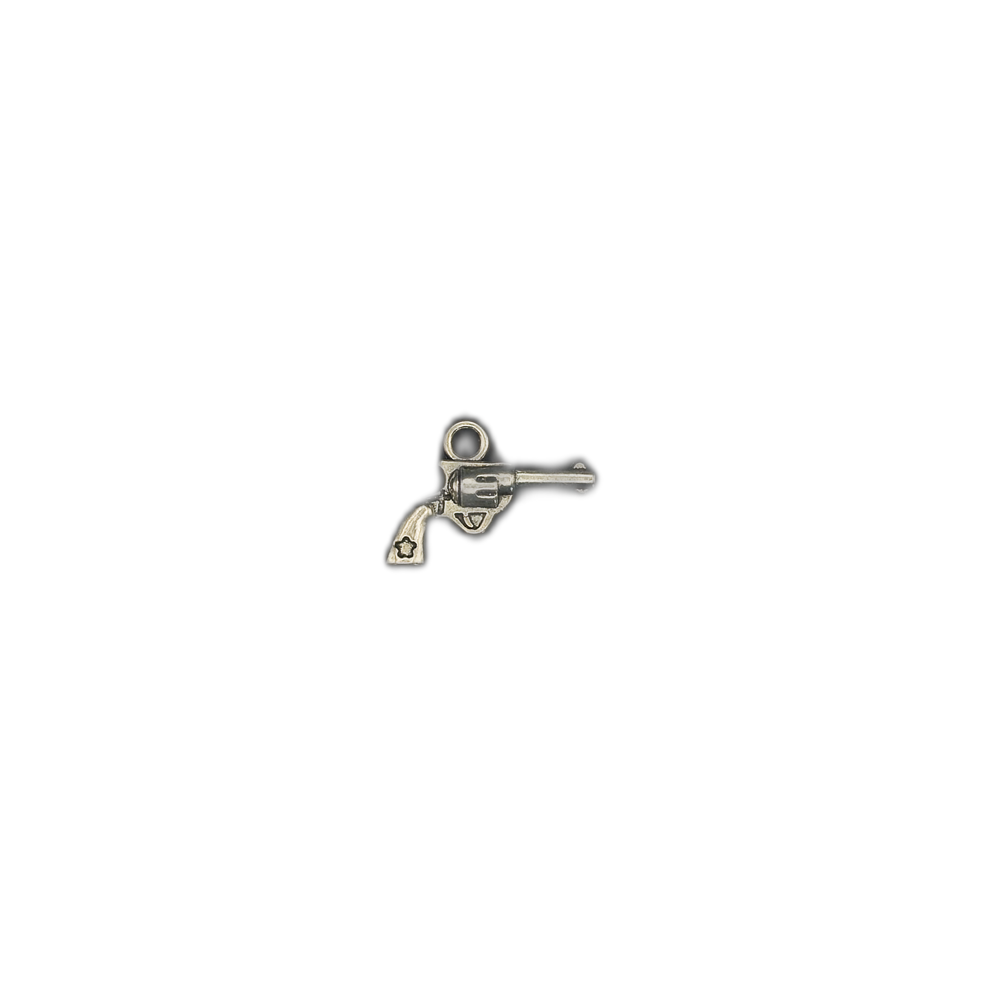 small silver revolver charm centered on a black background