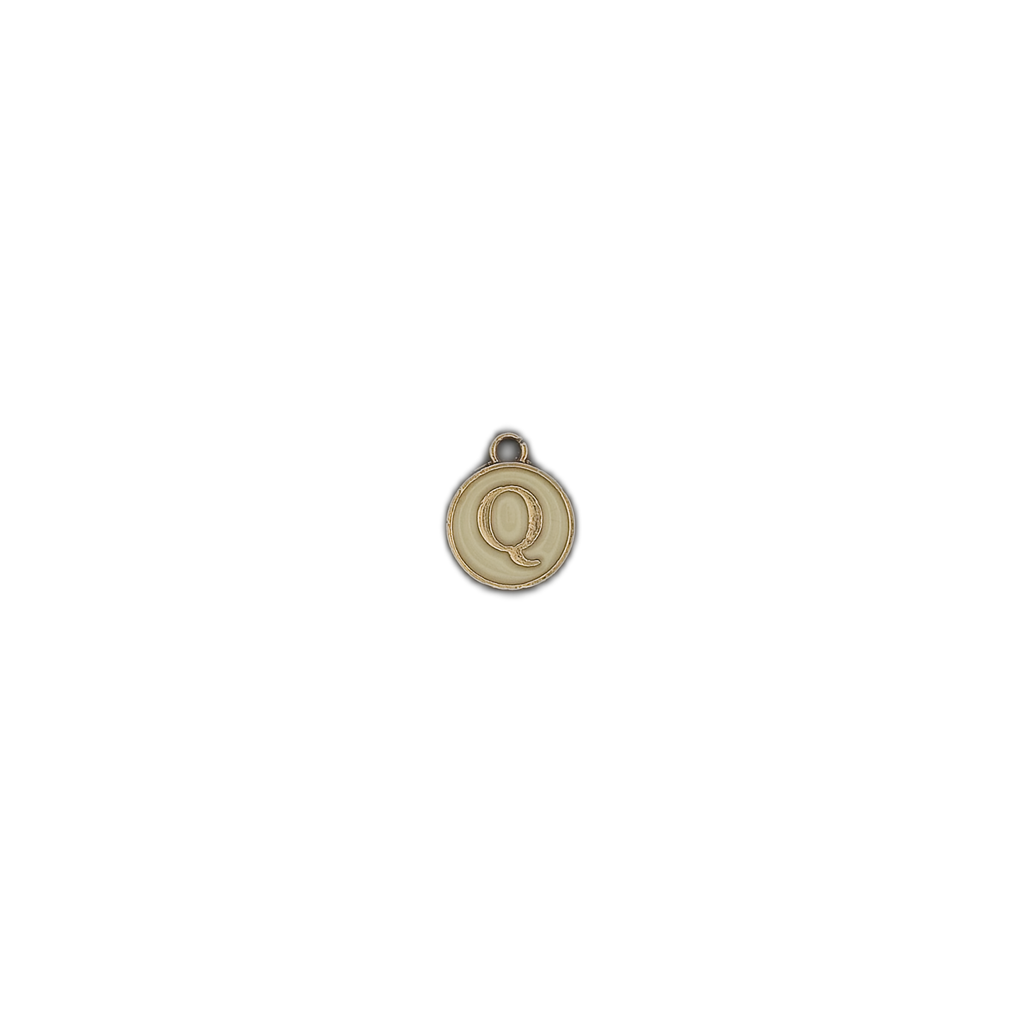 small round cream charm with gold letter Q on black background