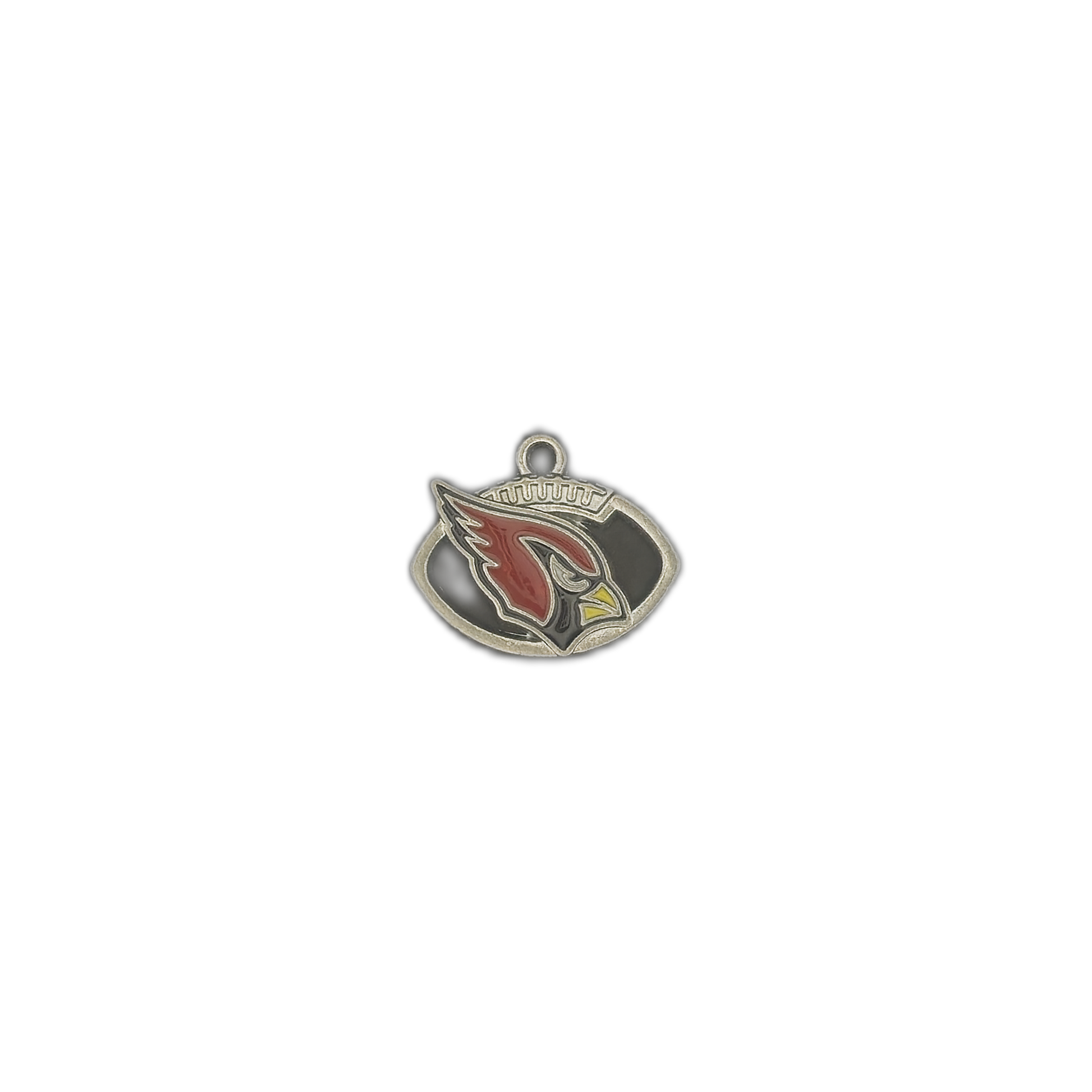 small football-shaped charm with red cardinal head on black enamel background