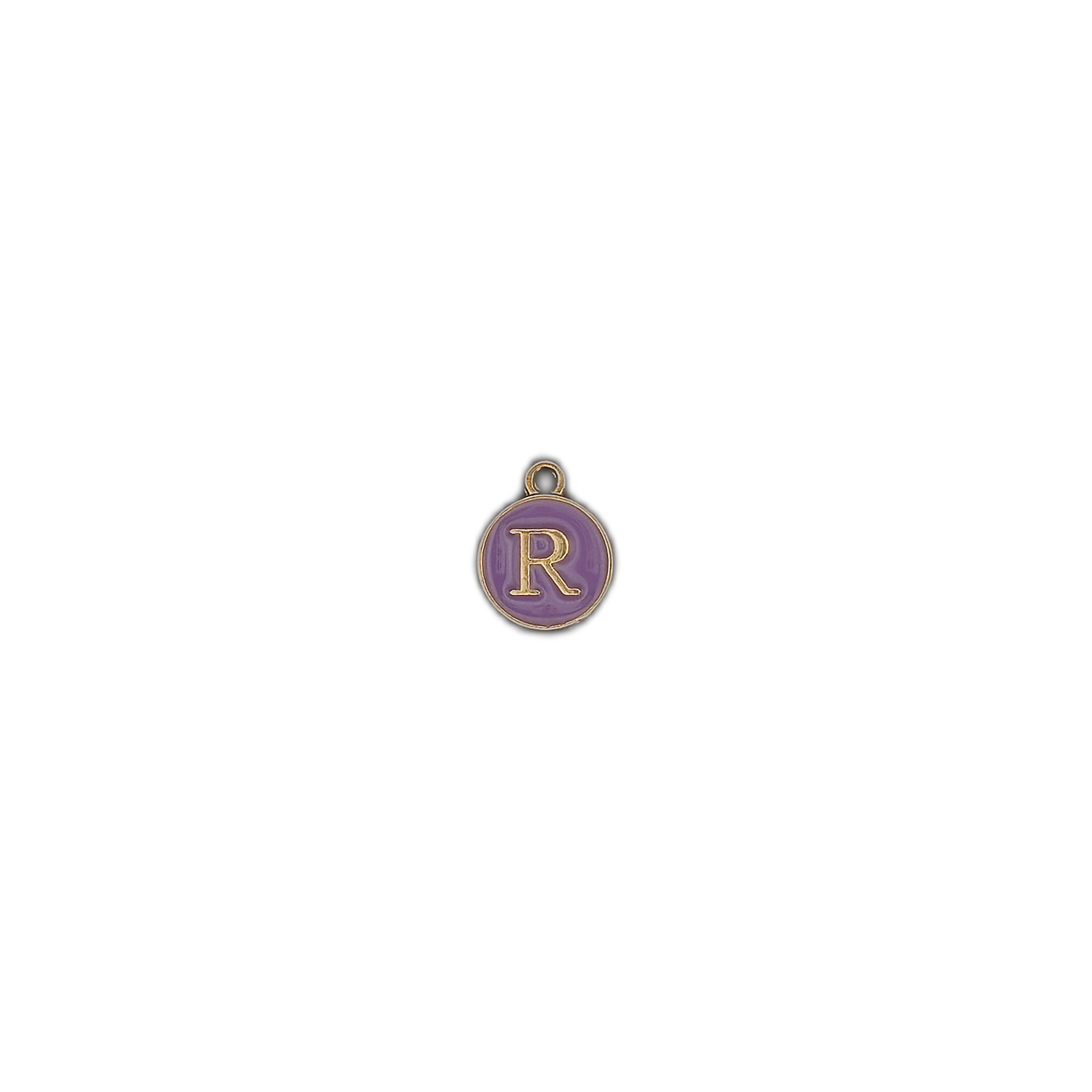 small round purple letter R charm on black background