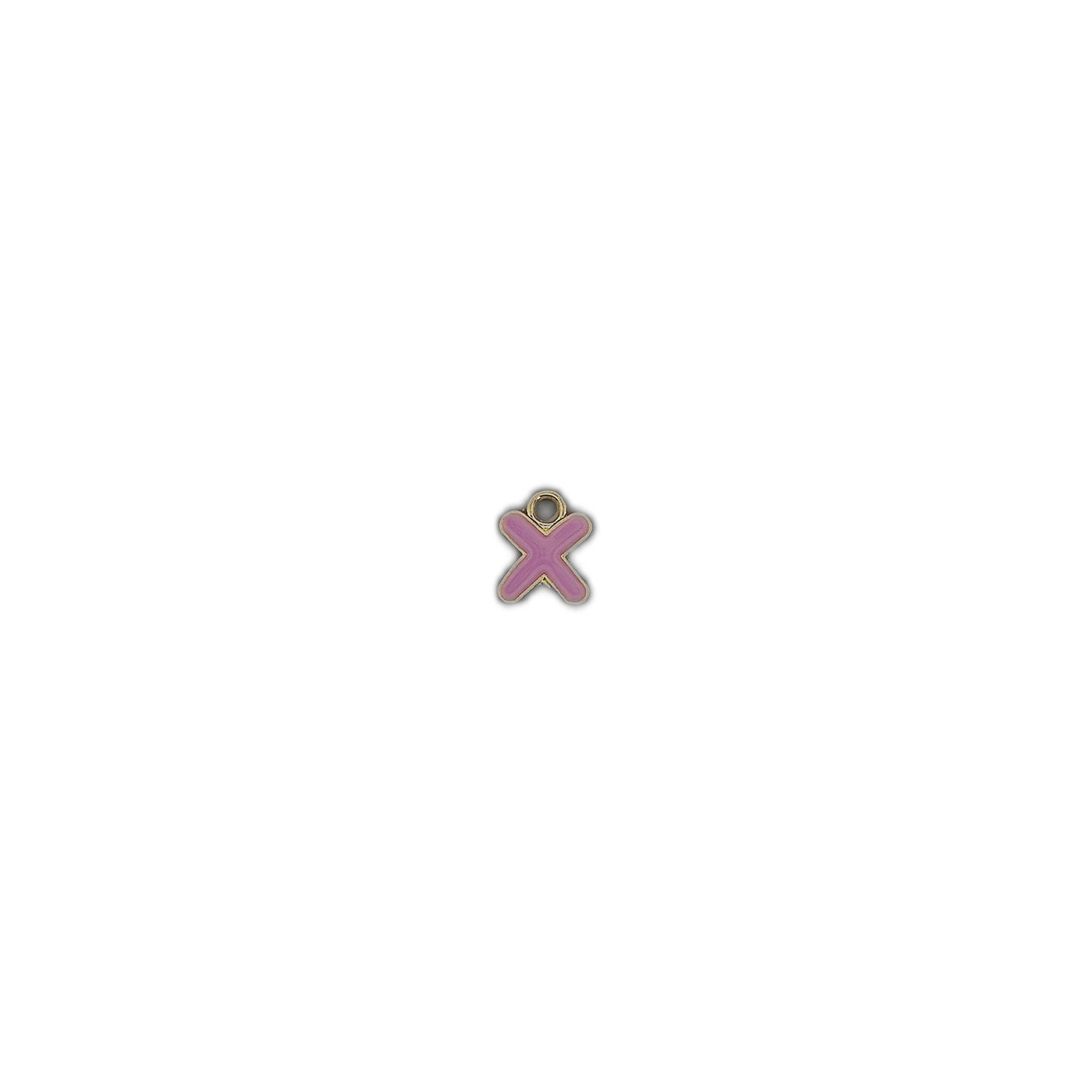 small pink letter X charm centered on a black background