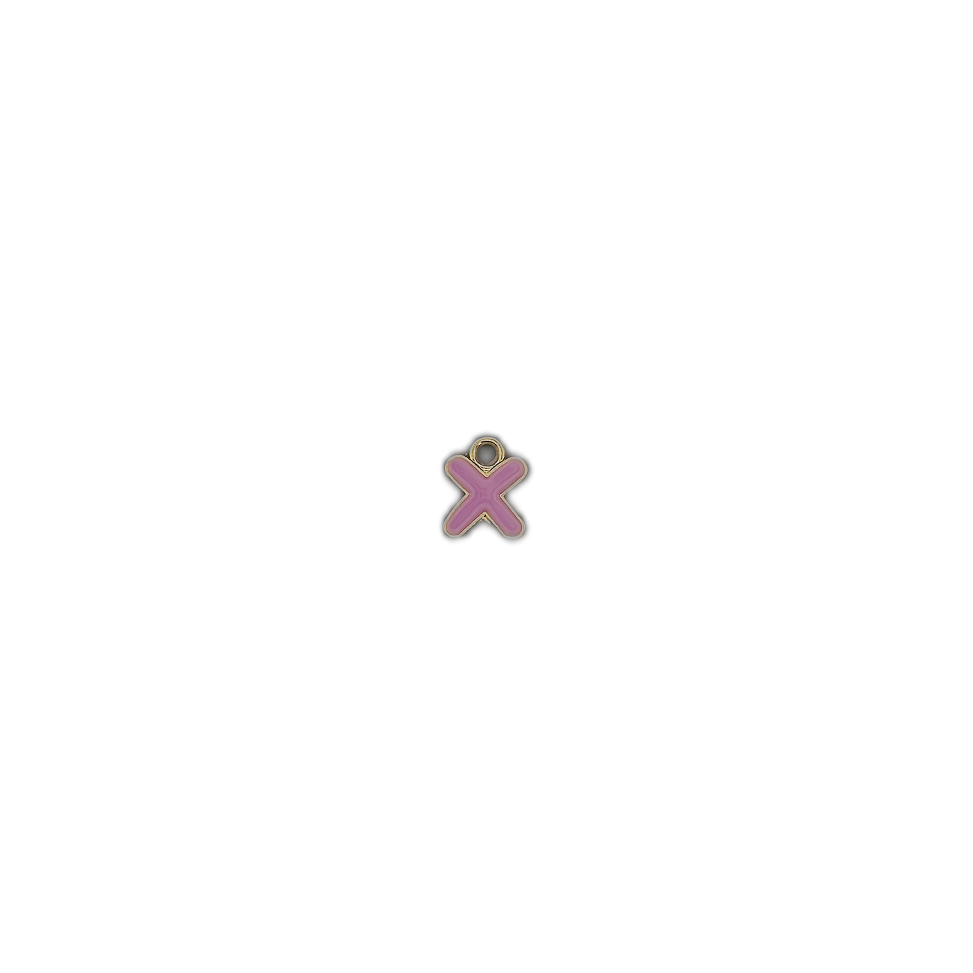 small pink letter X charm centered on a black background