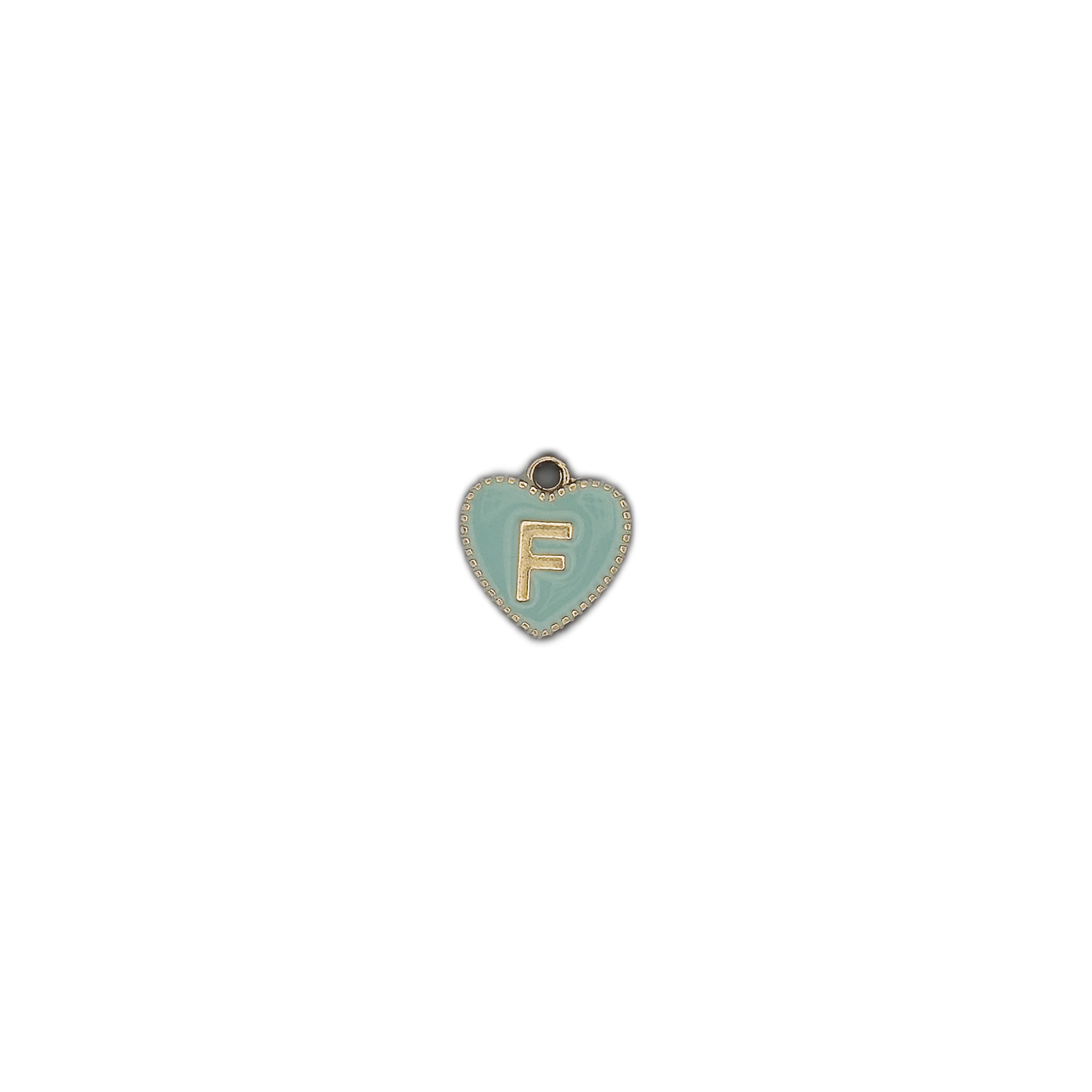 Small mint heart letter F charm centered on black background.