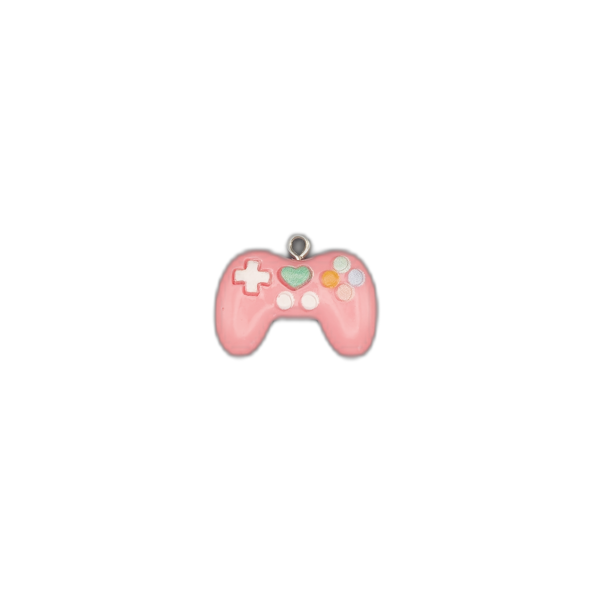 pink game controller charm with pastel buttons on a black background
