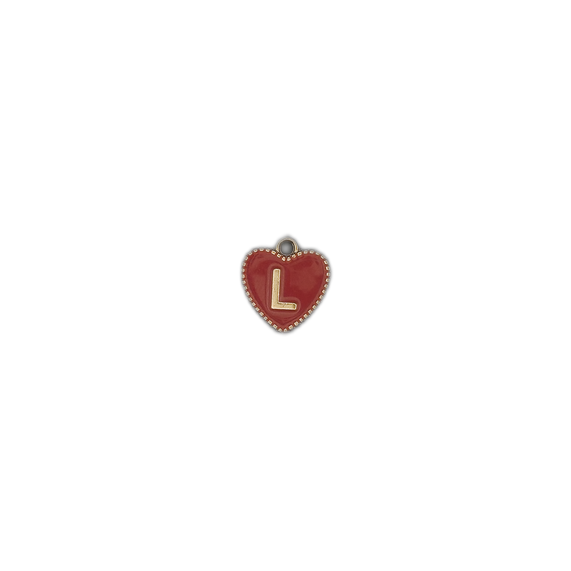 small red heart charm with gold letter L centered on black background