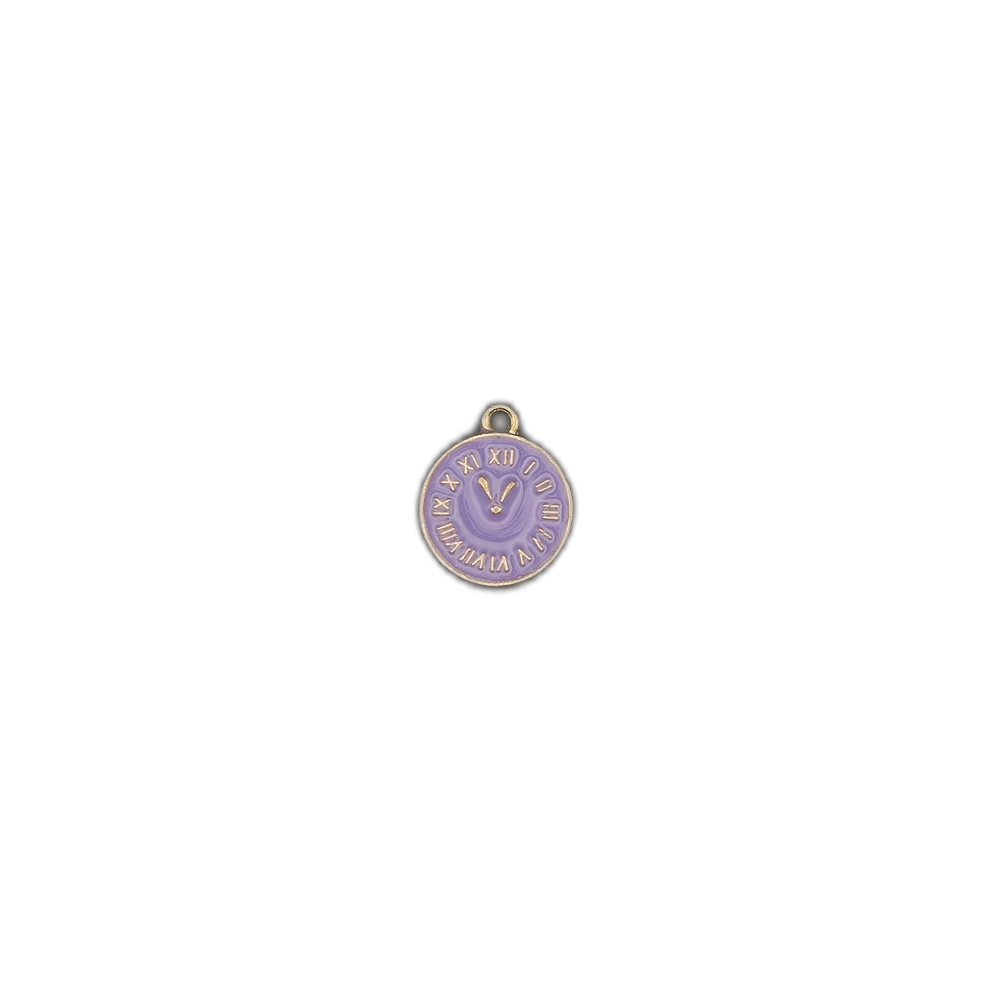 small purple clock-face charm with gold Roman numerals and bunny motif