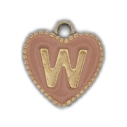 Close-up of a pink enamel heart charm with a gold letter W.
