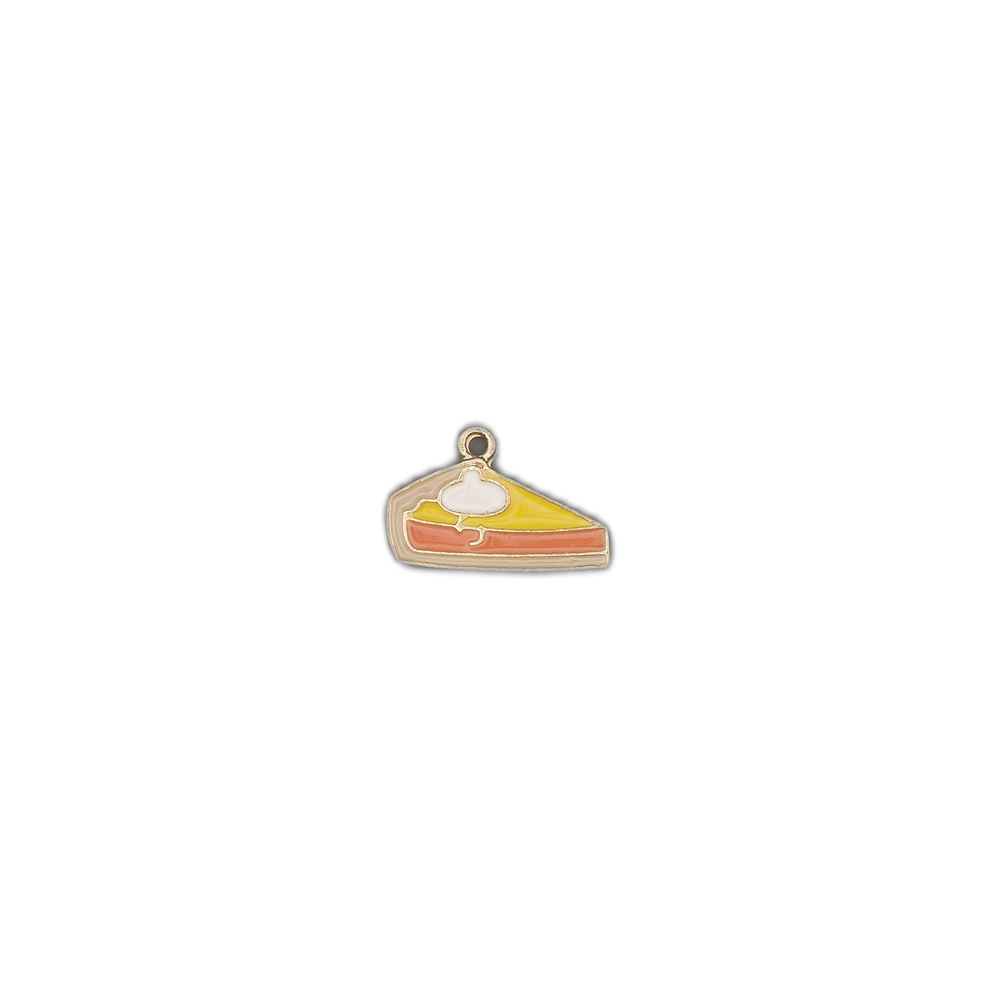 small enamel pie slice charm centered on a black background