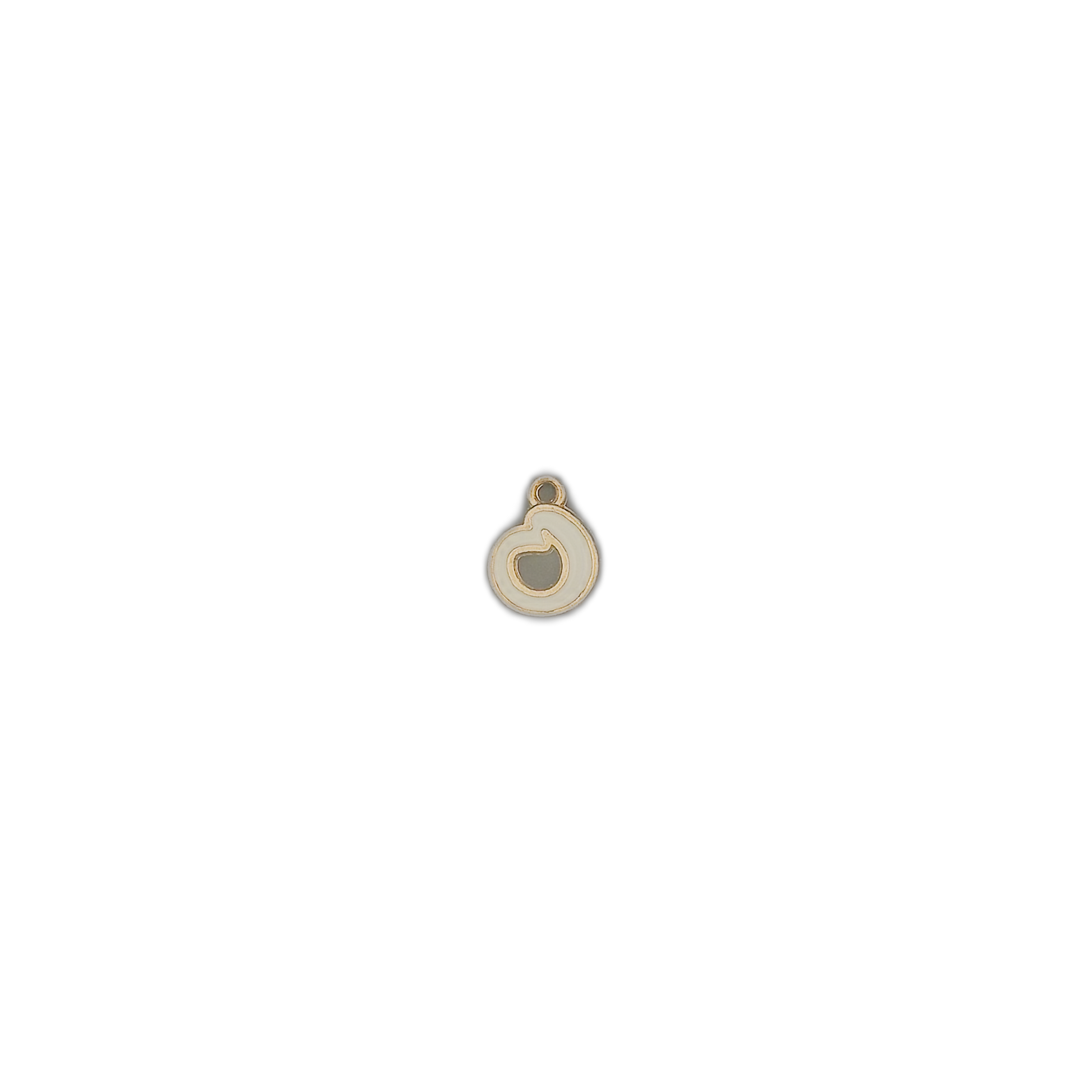 small white and gold teardrop charm centered on a black background