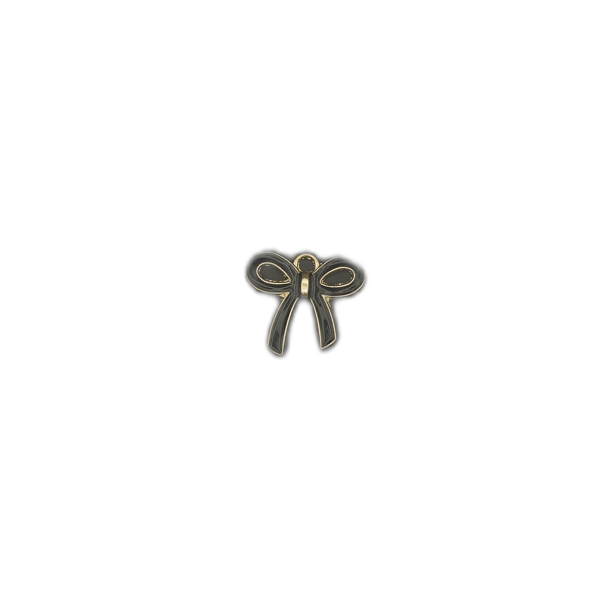small black and gold bow charm centered on a black background