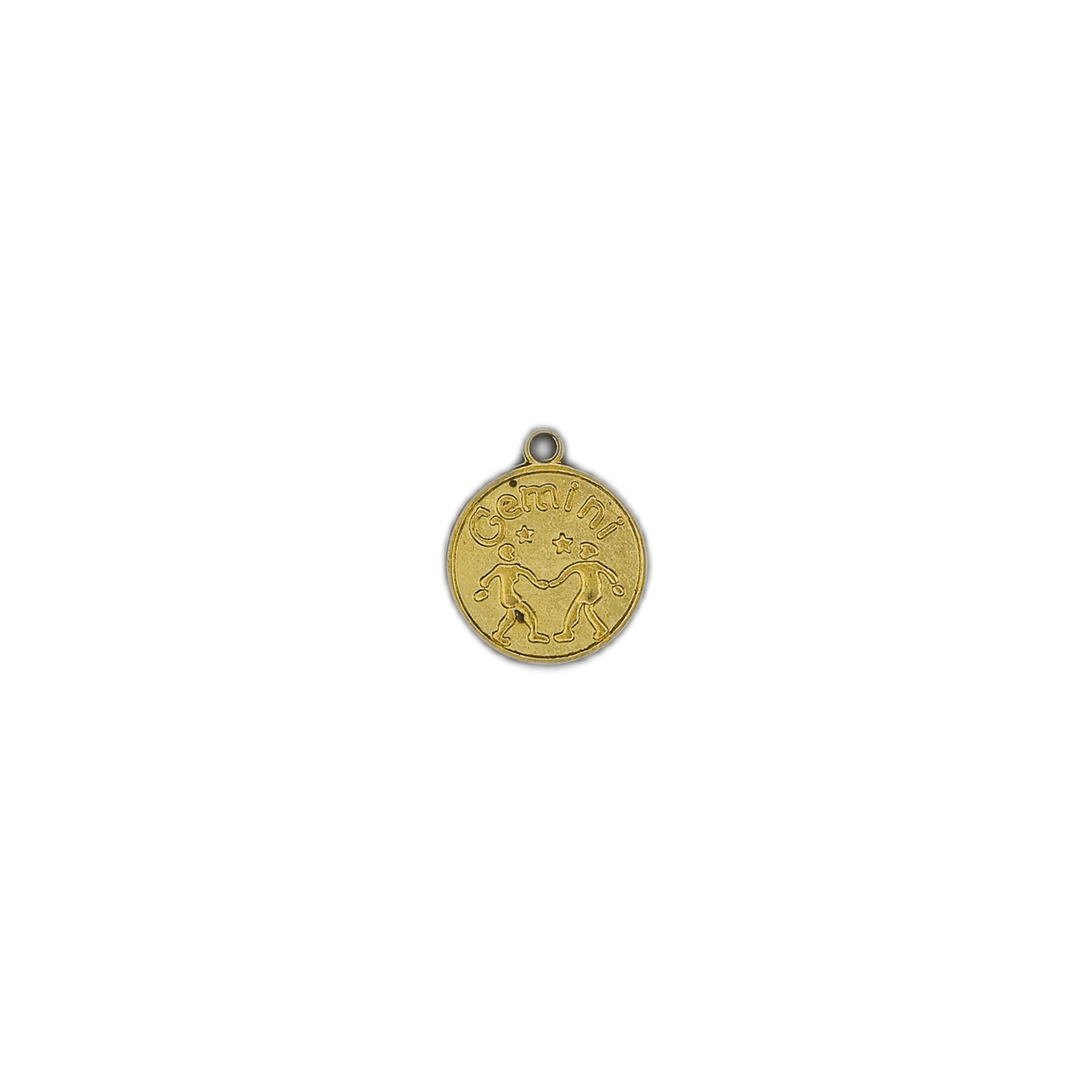 small gold Gemini round charm centered on a black background