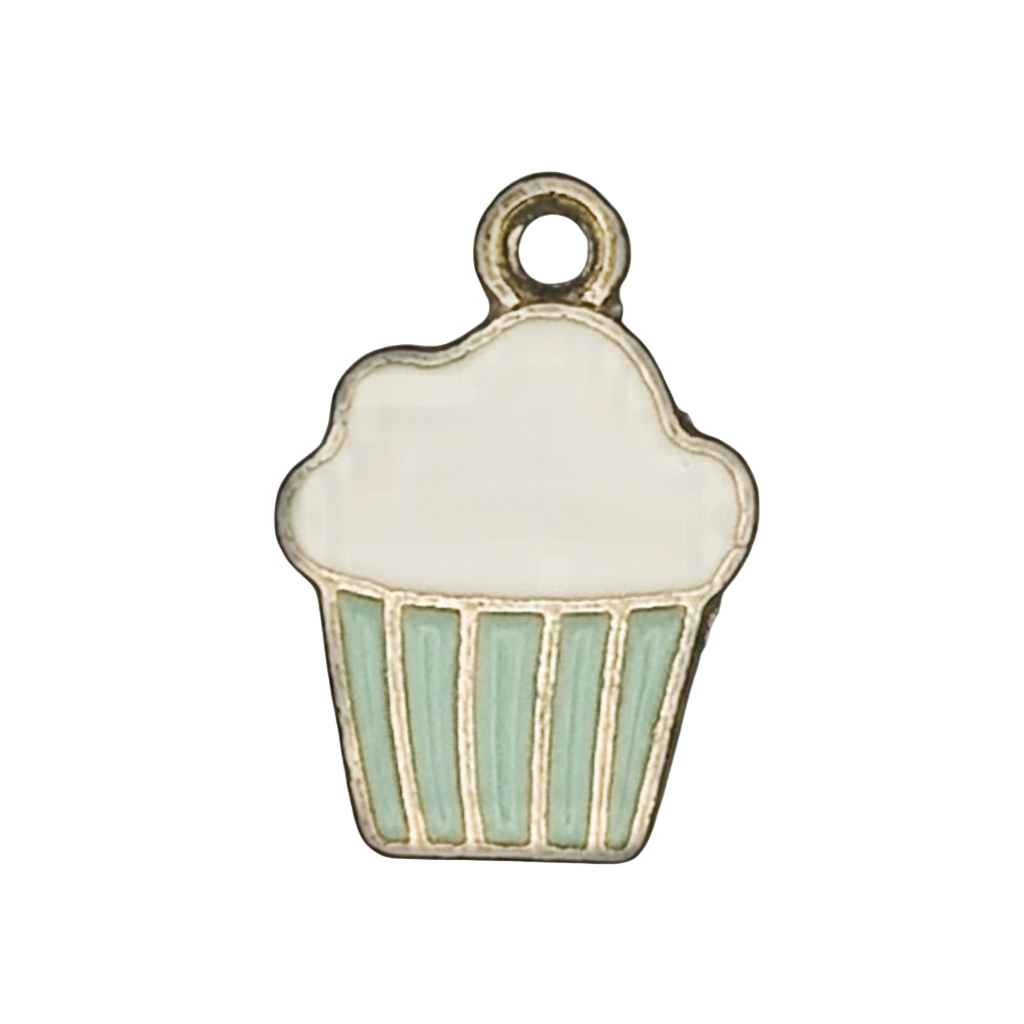 close-up of a small cupcake charm with white frosting and mint striped wrapper on a black background