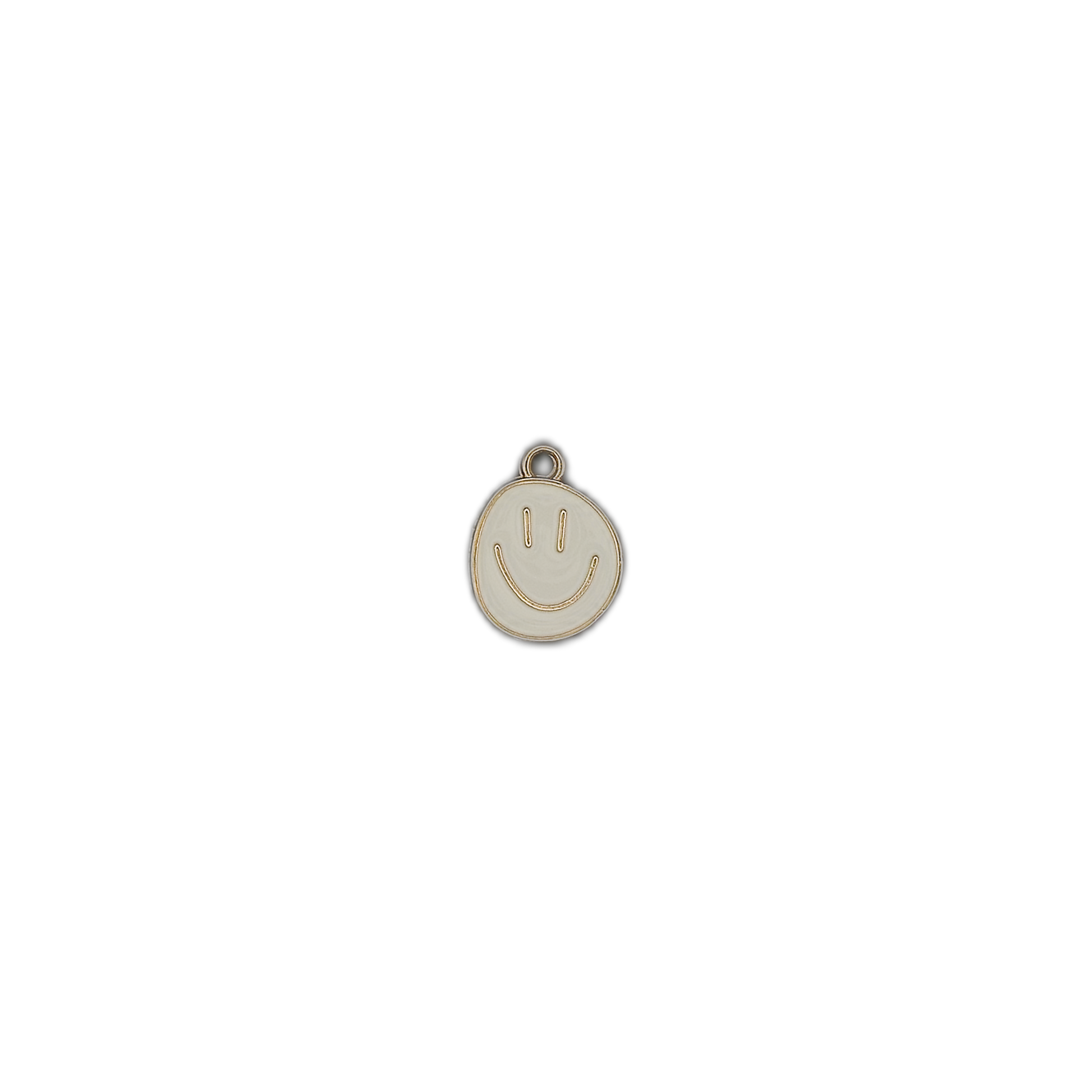 small white smiley face charm centered on a black background