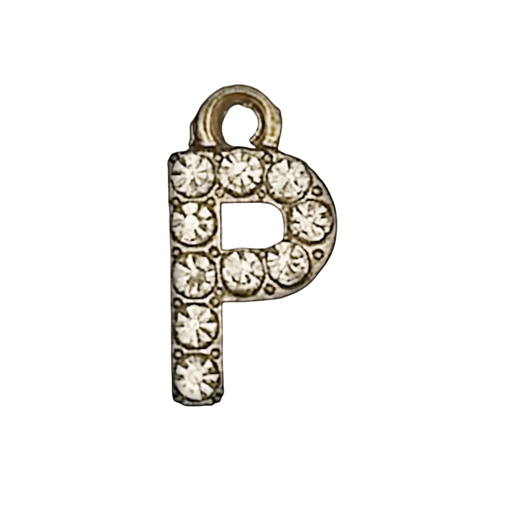 close-up of gold-tone letter P charm with clear crystals