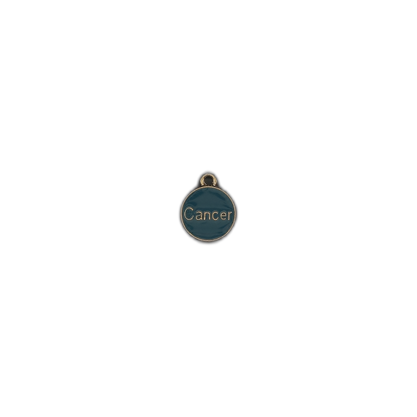 Small round teal "Cancer" zodiac charm centered on black background.
