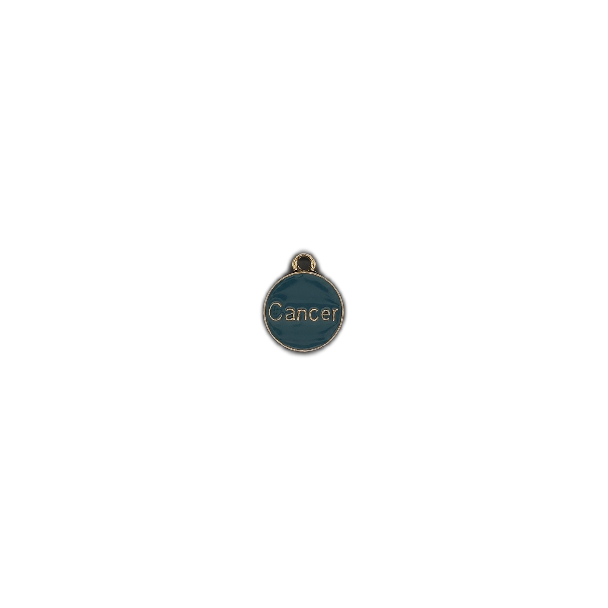 Small round teal "Cancer" zodiac charm centered on black background.