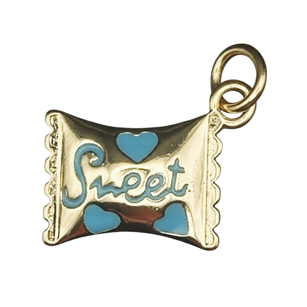 gold candy wrapper charm with blue hearts and the word Sweet