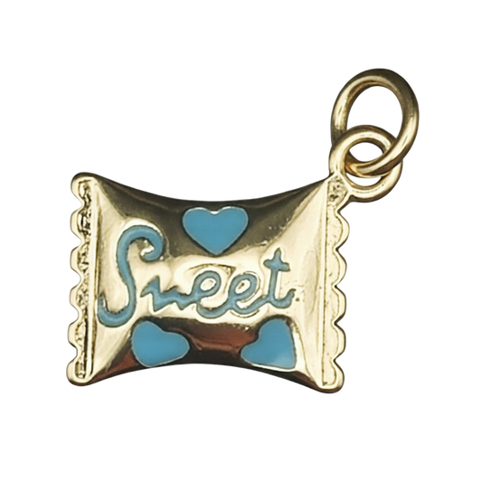 gold candy wrapper charm with blue hearts and the word Sweet