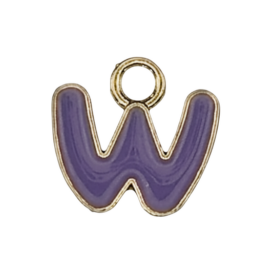 close-up of purple enamel letter W charm with gold-tone outline on black background