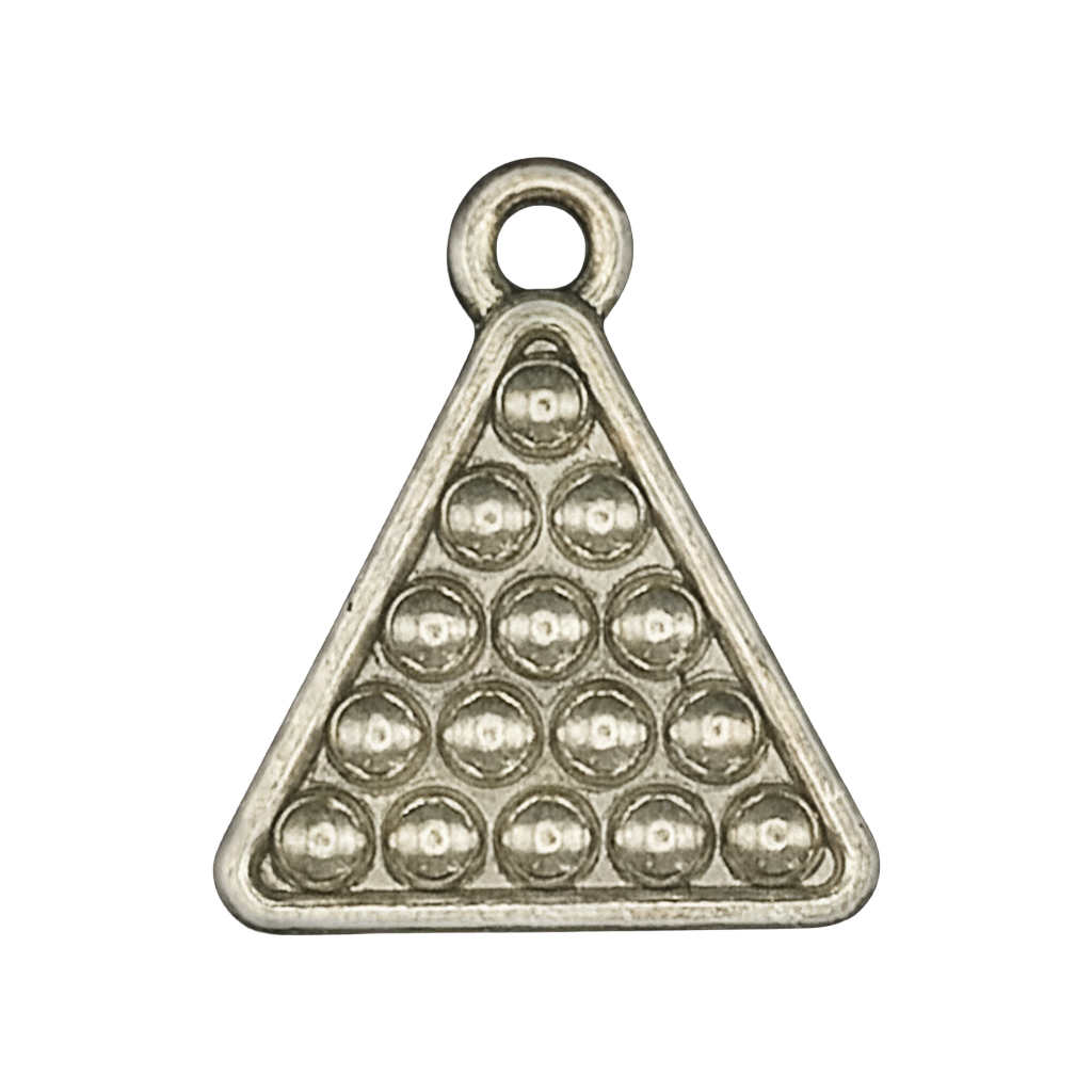 close-up of a silver triangular billiard rack charm with raised balls on a black background