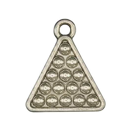close-up of a silver triangular billiard rack charm with raised balls on a black background