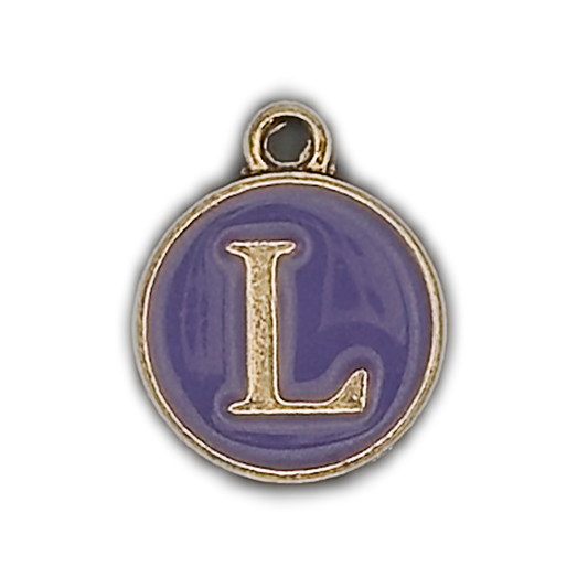 close-up of round purple enamel charm with gold letter L