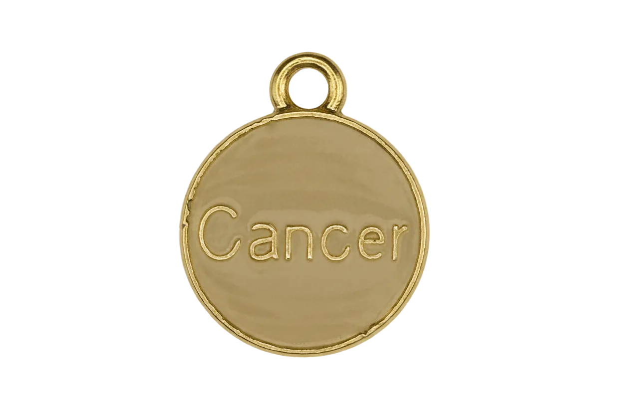 gold-tone round charm engraved with 'Cancer'