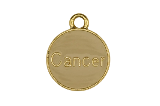 gold-tone round charm engraved with 'Cancer'