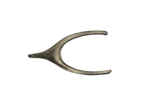 close-up of small metallic wishbone charm on black background