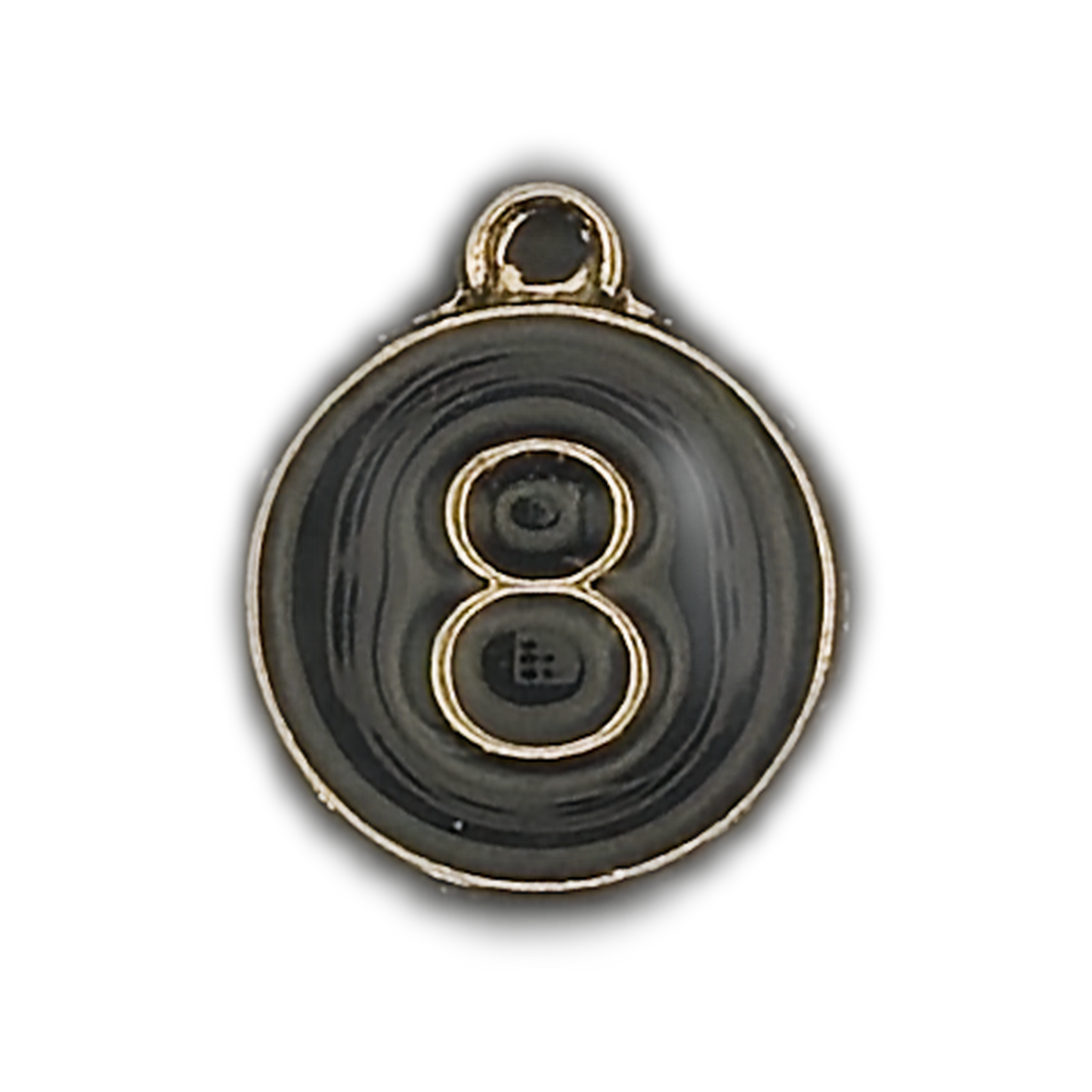 close-up of small black 8-ball charm with gold trim