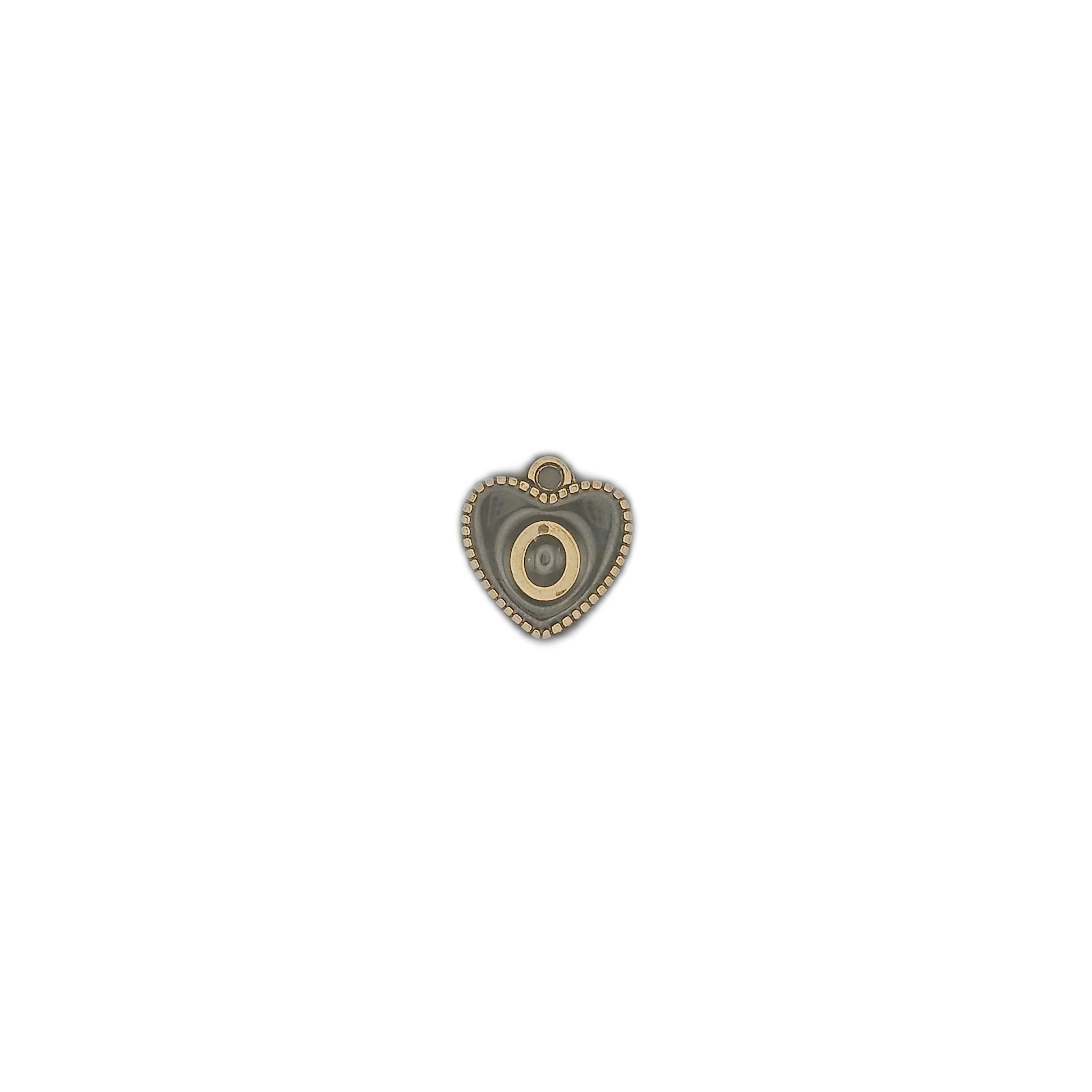 small heart-shaped charm with gold beaded border and eye design on black background