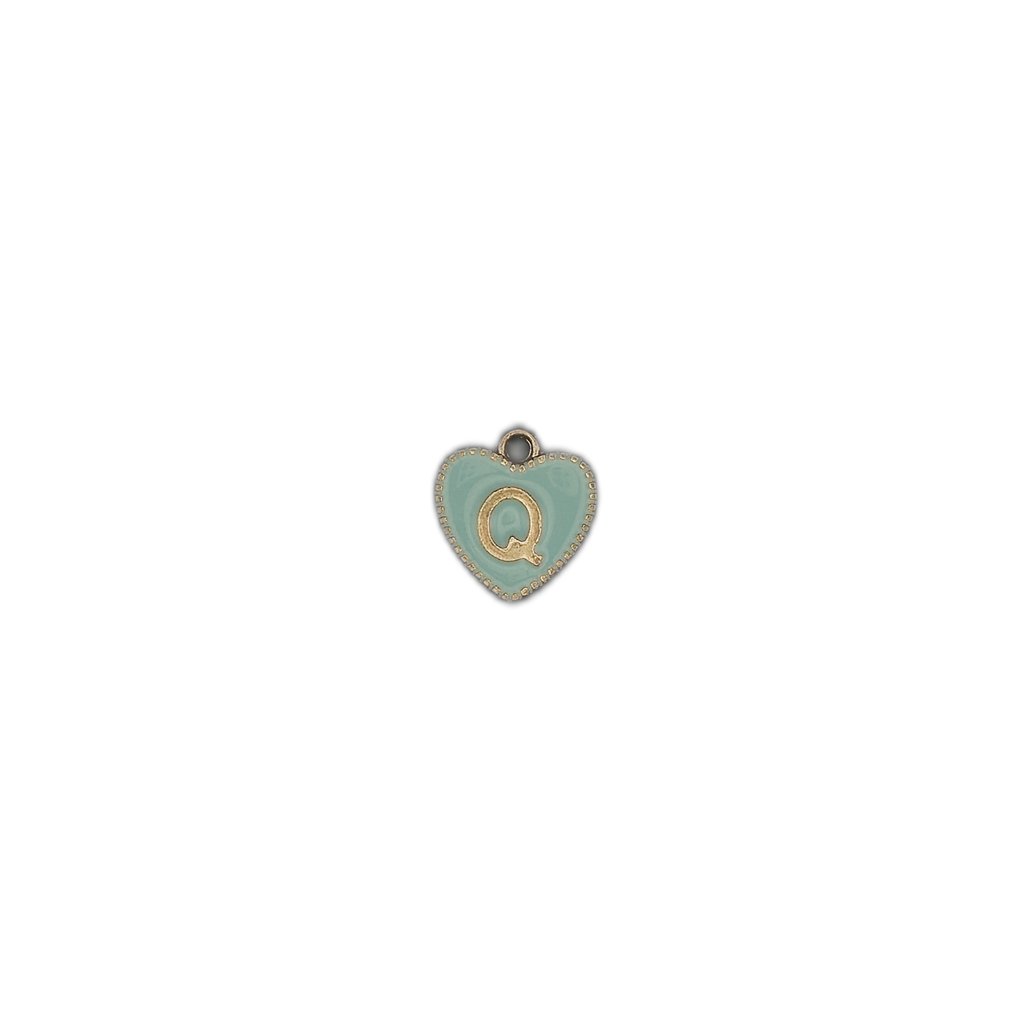 mint heart-shaped letter Q charm on black background