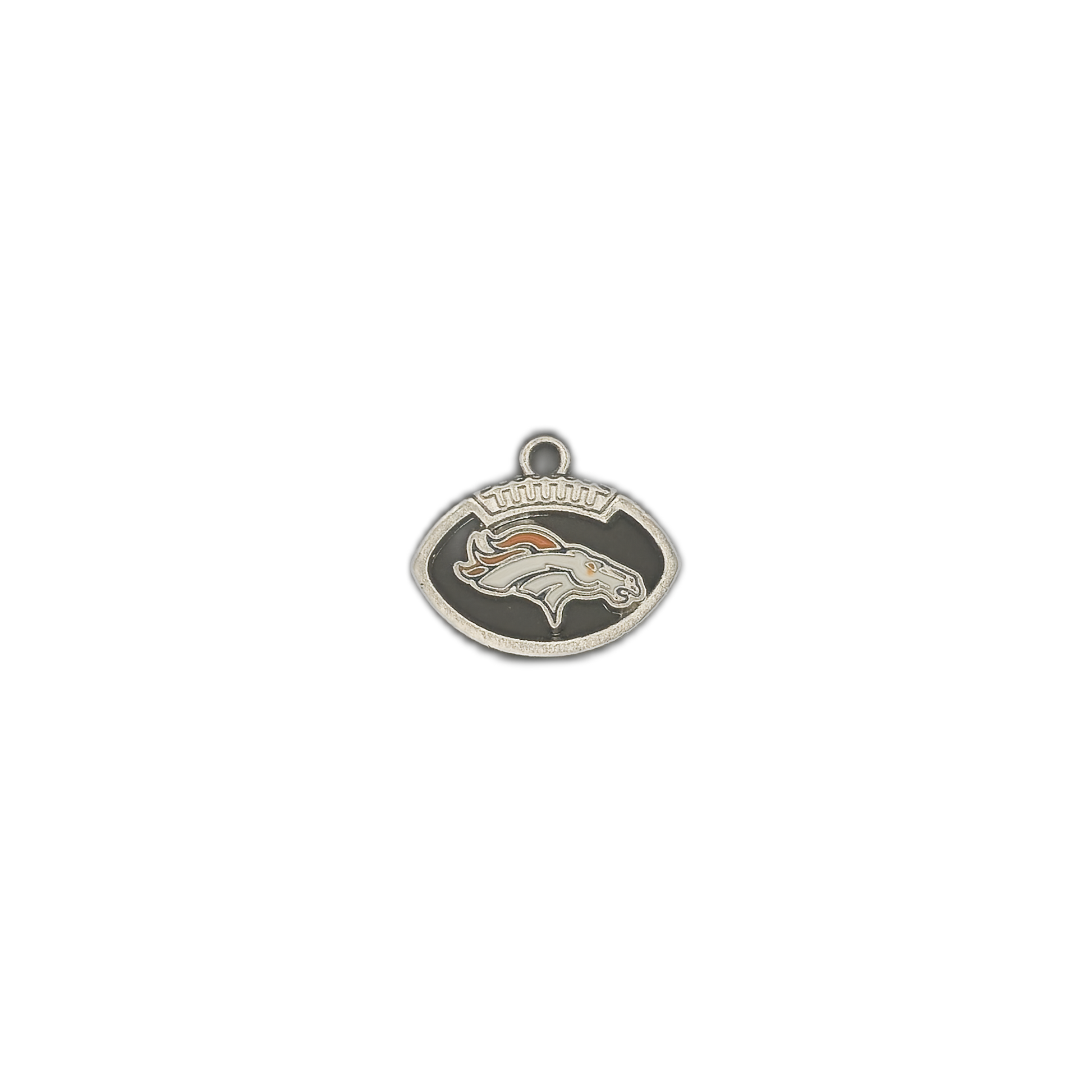 small football-shaped charm with horse head emblem on black background