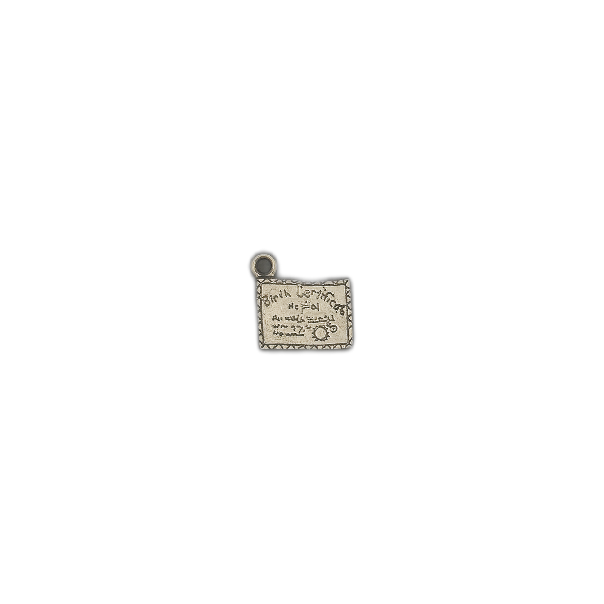 Small birth certificate rectangle charm centered on a black background.